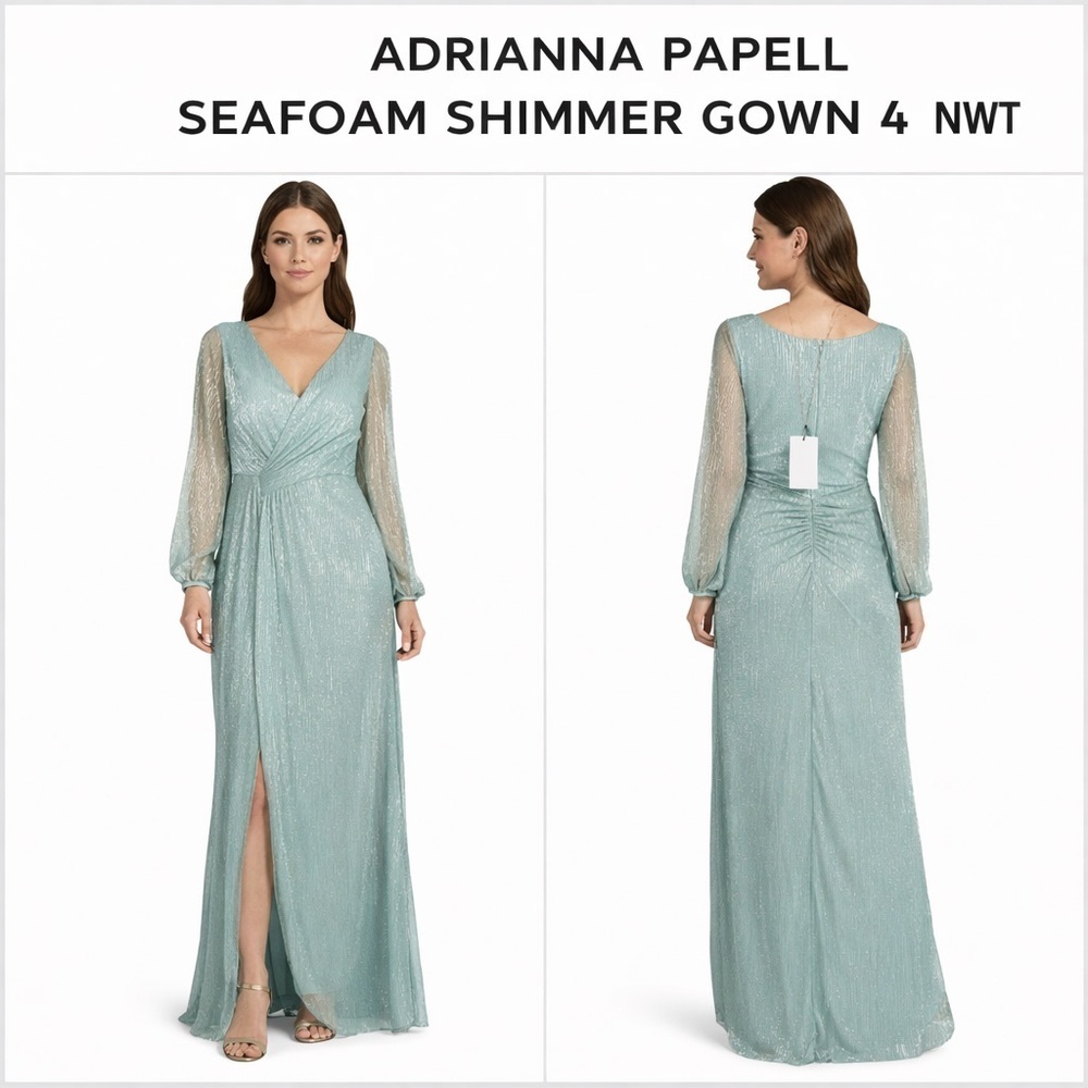 ADRIANNA PAPELL SEAFOAM SHIMMER GOWN SZ 4 NWT